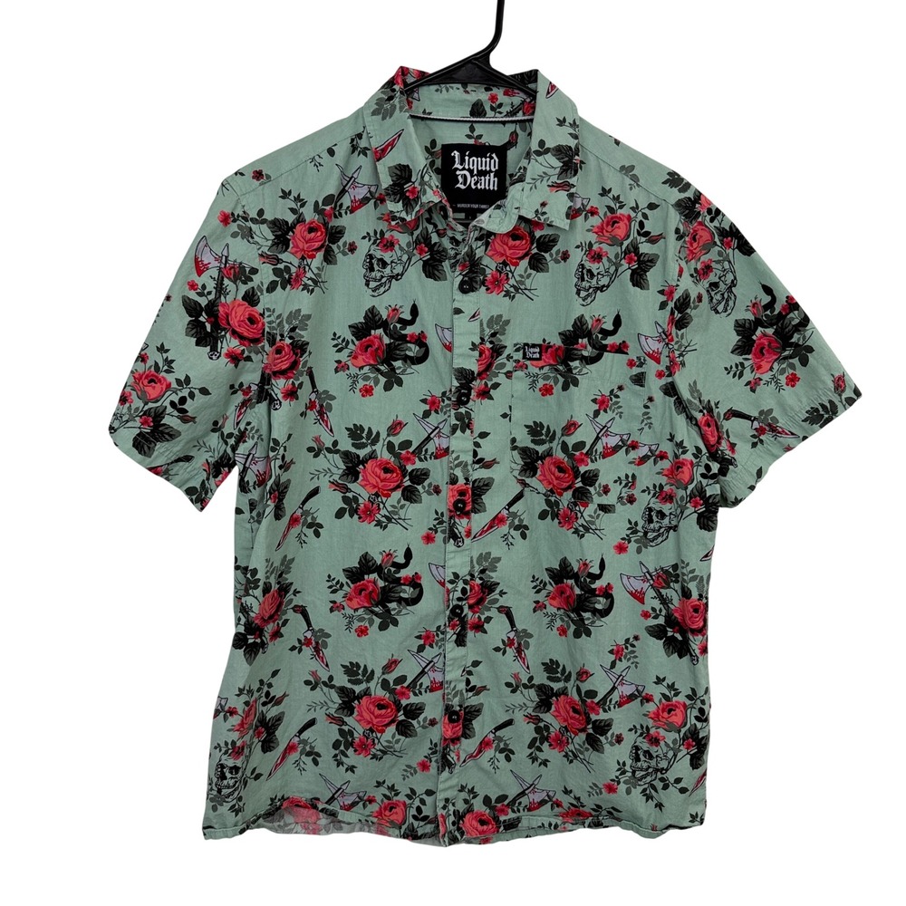 Liquid Death Shirt Mens Large Green Floral Skull Axe Dagger Short Sleeve Button